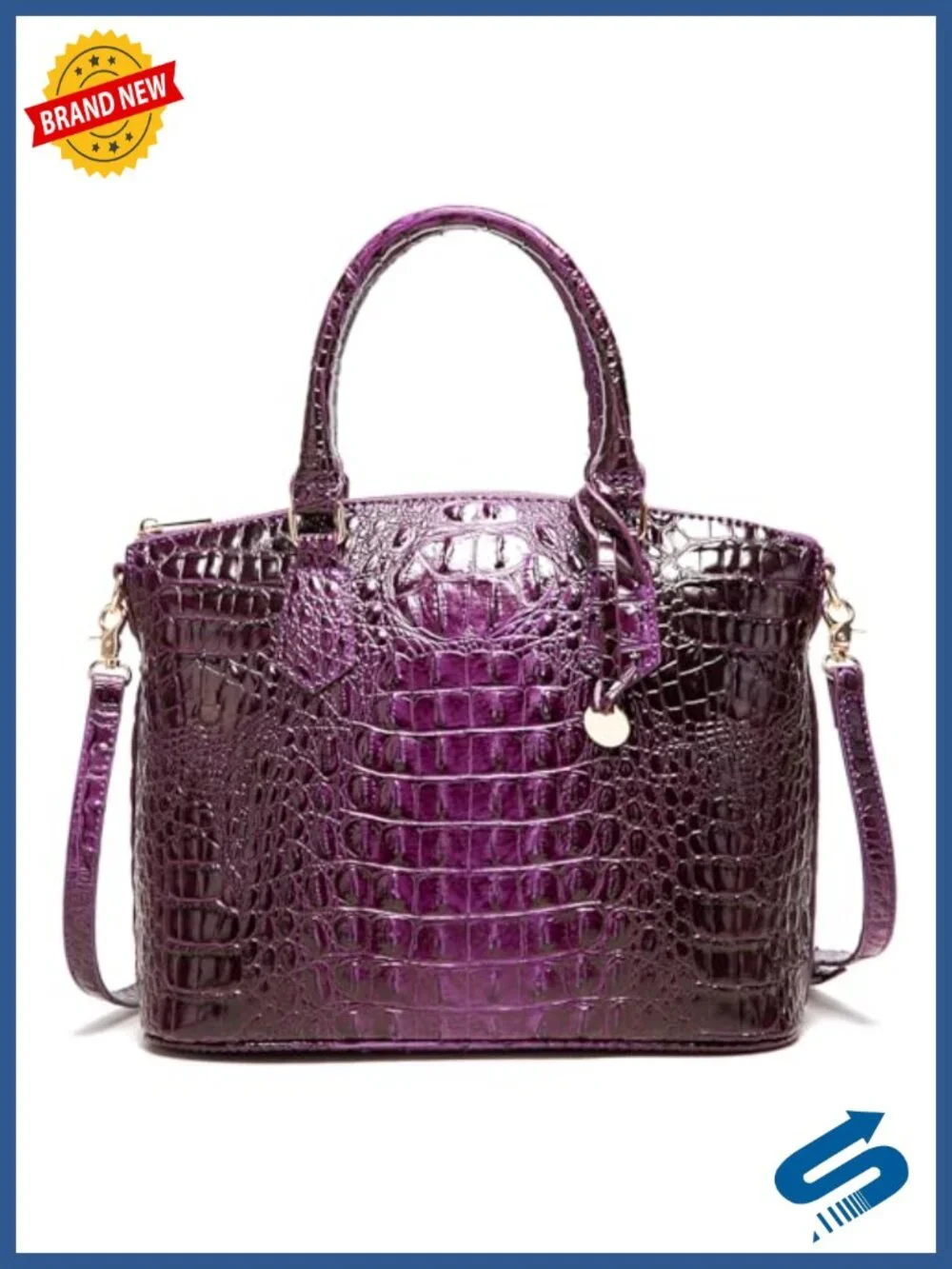 Vegan Leather Crocodile Embossed Satchel Tote Handbag with Shoulder Strap